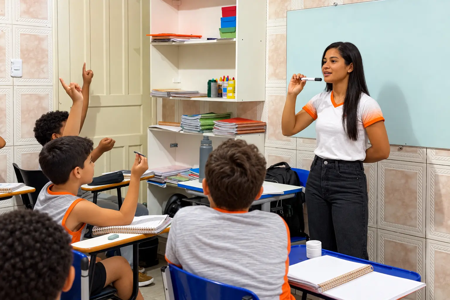 Professora do IEST conduzindo a aula enquanto alunos de farda laranja e cinza levantam a mão