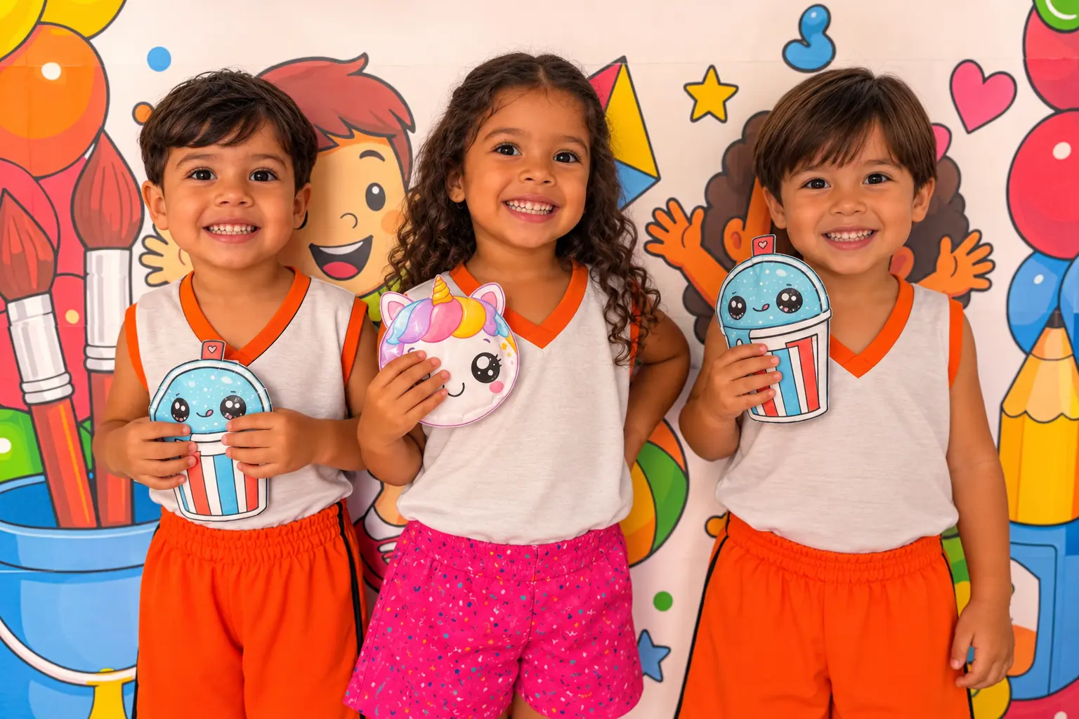 Crianças do IEST com a farda da escola mostrando os squishies que fizeram na Semana da Criança